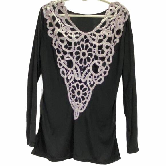Rui Feng Fashion Black Crochet Lace Cut Out Long Sleeve Top Large - Picture 1 of 12